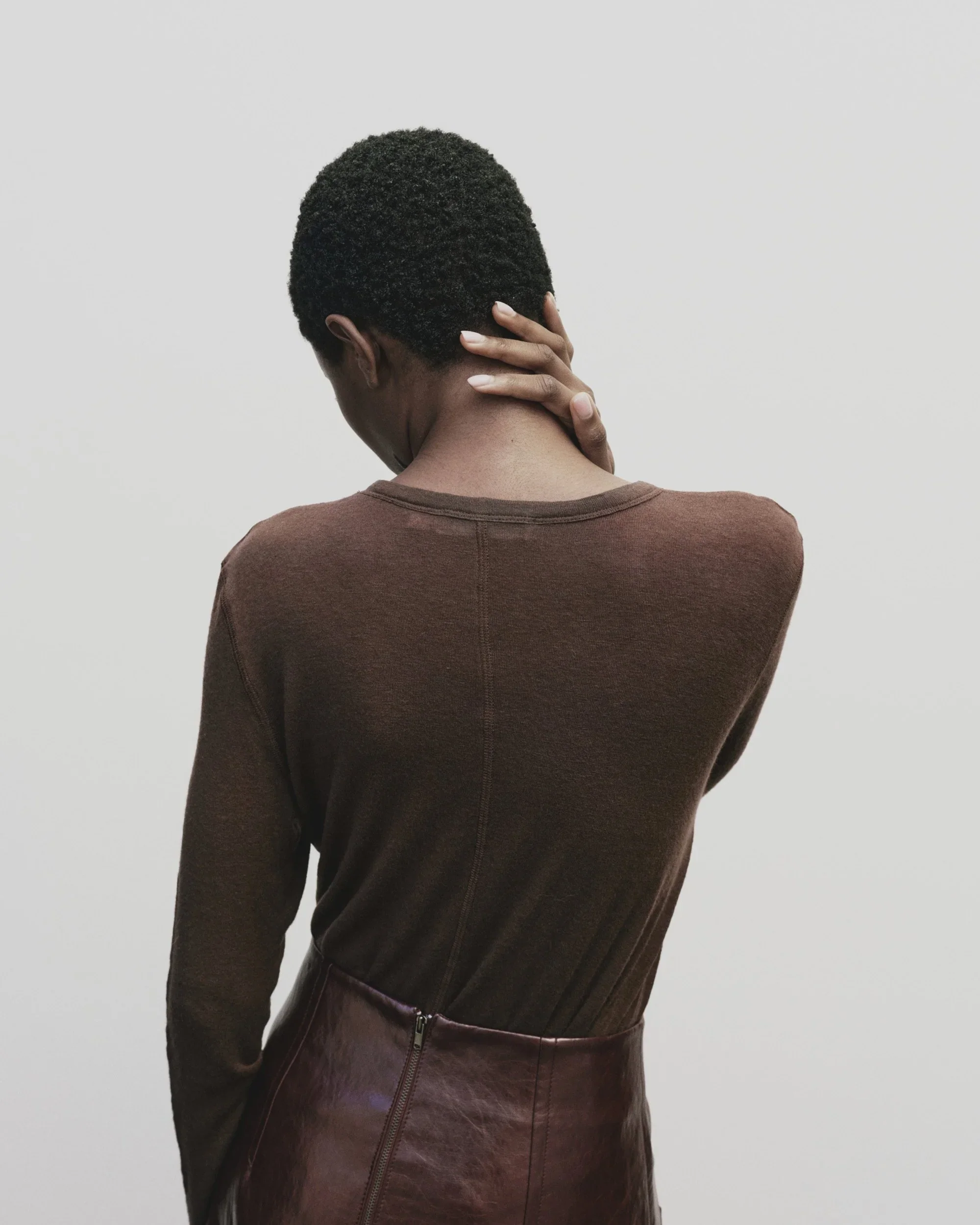Wool Tencel Crew Neck Top, Brown - Image 4